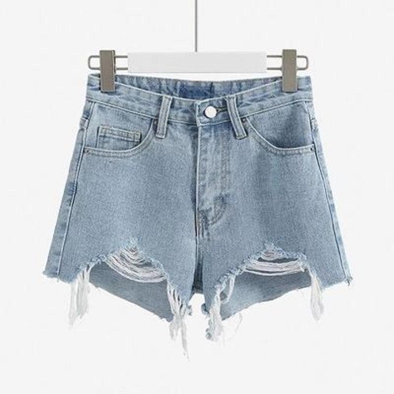 Casual High Waist Denim Shorts Women Summer Pocket Tassel Hole Ripped Jeans Short Female Femme Short Pants Women