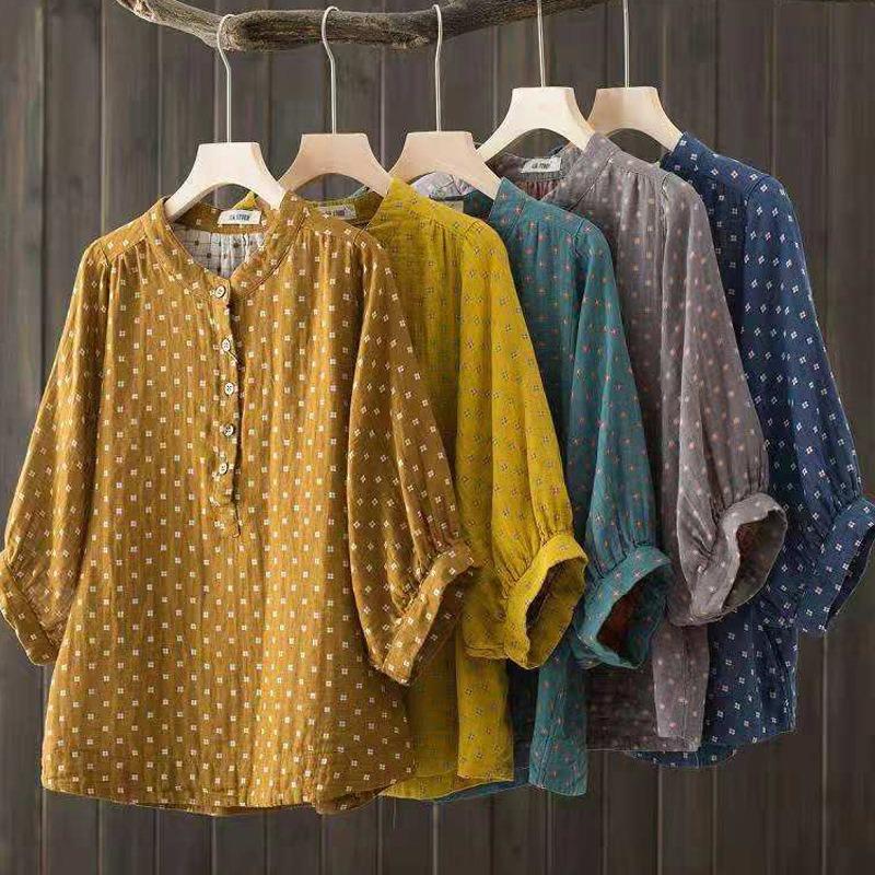 Short-sleeved Double-layer Cotton Yarn Shirt Women's Large Size Pullover Shirt Thin Stand-up Collar Shirt