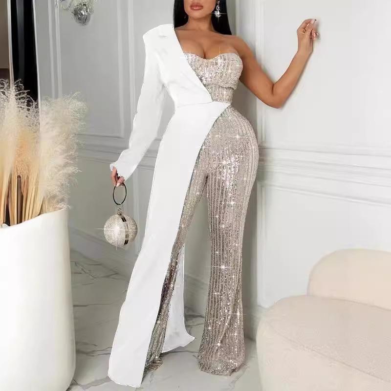 2 New E-commerce Women's Clothing Silver Splicing Sequined Shoulder Fashion Sequined Jumpsuit