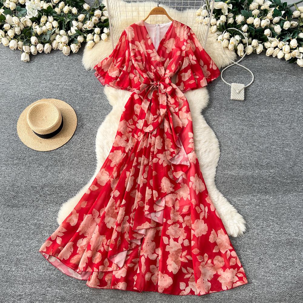 Spring Women's Dress French High-end Strap Waist V-neck Irregular Printed Chiffon Dress
