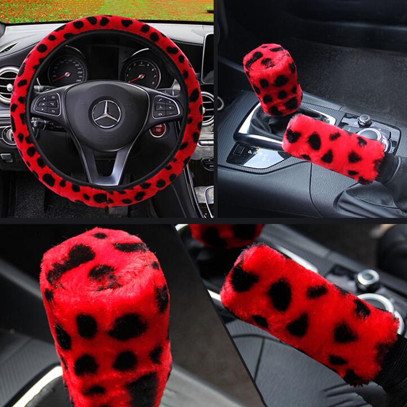 3 stuks / set luipaard pluizige pluche stuurhoes winter auto accessoires