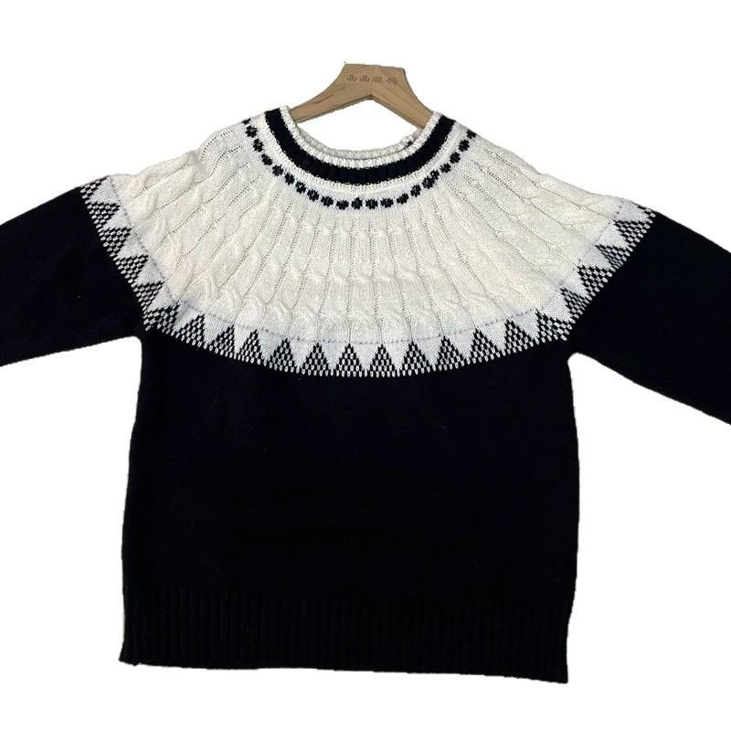 Womens Oversized Crewneck Knit Sweater With Colorblock Cable Jacquard Fall Winter Loose Fit