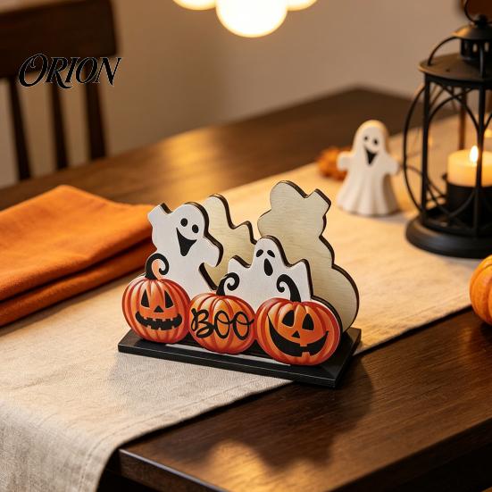 BOO Letter Storage Ornament Halloween Wooden Napkin Holder, Cute Pastel Pumpkin Ghost Black Cat Tabletop Tissue Dispenser, Waterproof Desktop