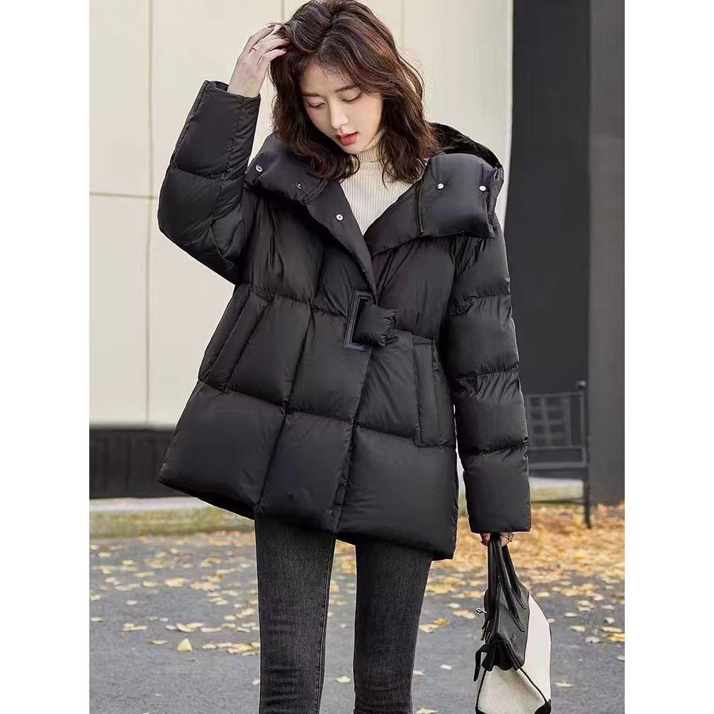 Schinteon Women Down Jacket Stand Collar Over Size Casual Warm Autumn Winter Outwear White Duck Down Stand Collar Coat