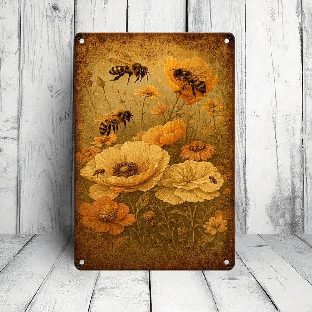 Vintage Metal Tin Sign 12x8 Inch Bees & Poppies Floral Wall Art Retro Farmhouse Iron Plaque Easy to Hang Home Decor