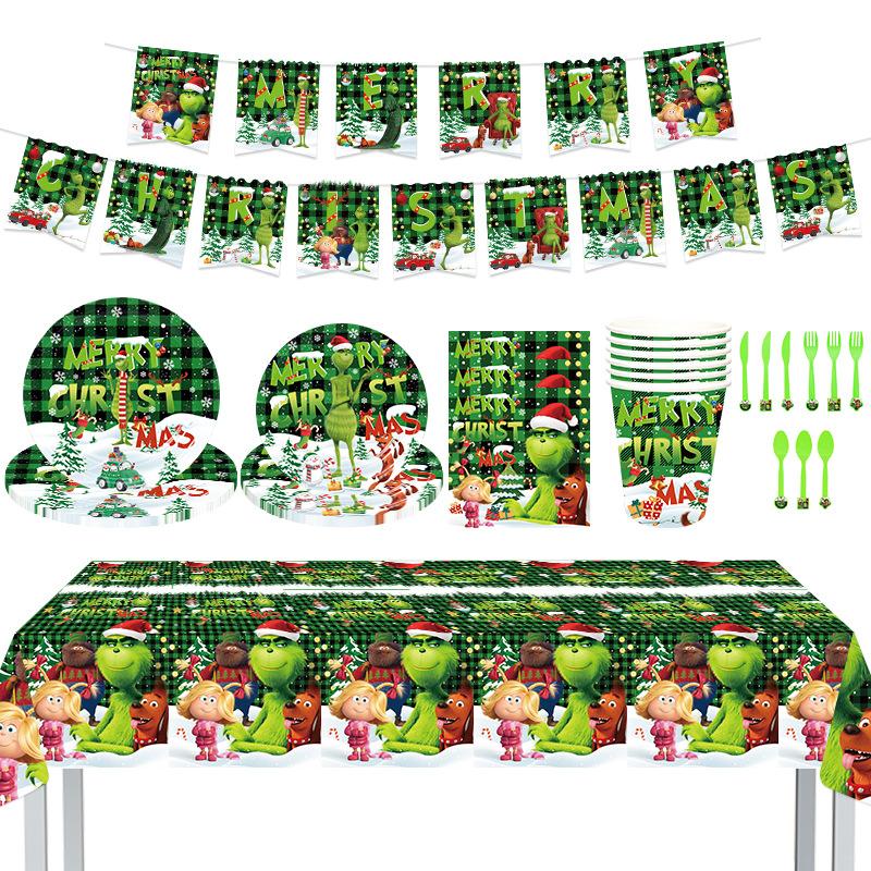 Spot Green Hair Monster Grinch Cutlery Set Banner Paper Plate Paper Tissue Paper Cup Tablecloth Party Decoration Supplies