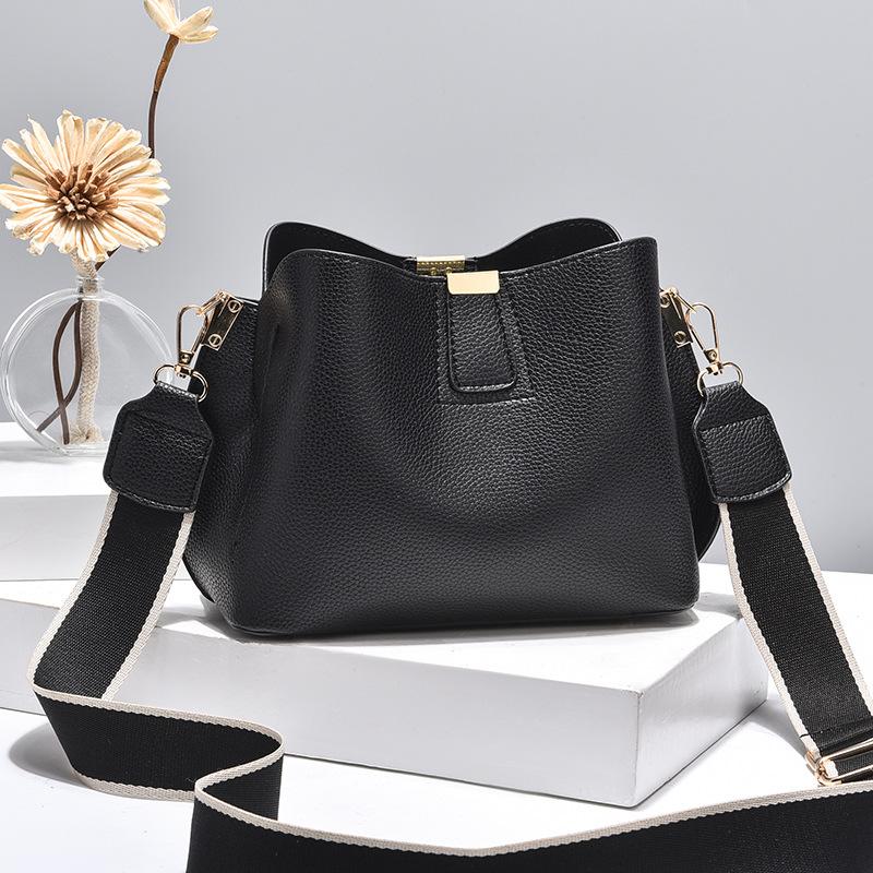 Minimalist Bucket Bag with Ctrast Colors Strap & Hardware, Soft Textured Leather, Adjustable Crossbody Strap for Daily Wear