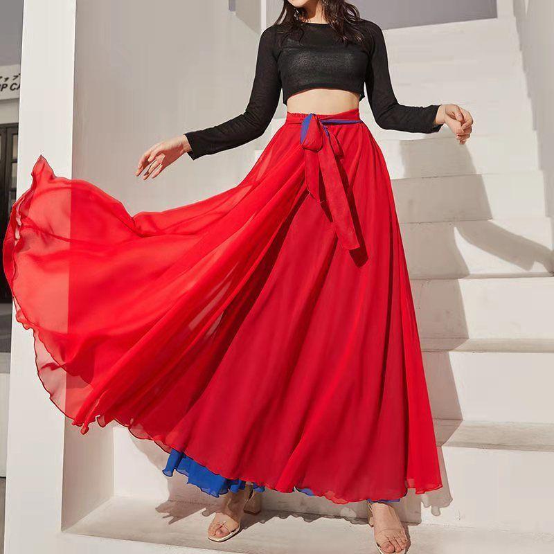 Flamenco Skirt For Women Spanish Dance Skirt Belly Dance Long Dress Big Swing Skirt Gradient Color Performance Gypsy Skirt