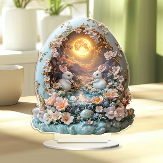 Yousheng Easter Bunny Table Sign 2D Flat Acrylic Bunny Egg Desktop Ornament Spring Tabletop Centerpiece for Home Corner Fireplace Decor