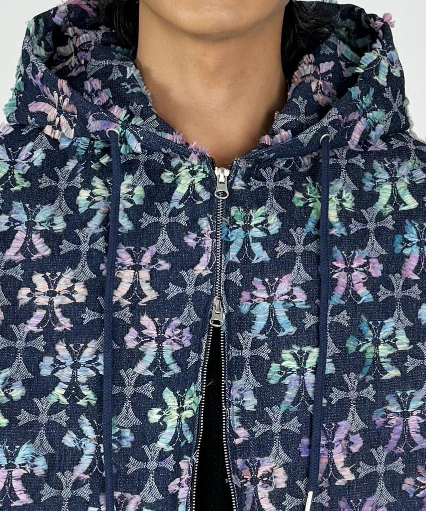 A Made Jacquard Embroidered Denim Oversized Zip-Up Hoodie (Indigo)