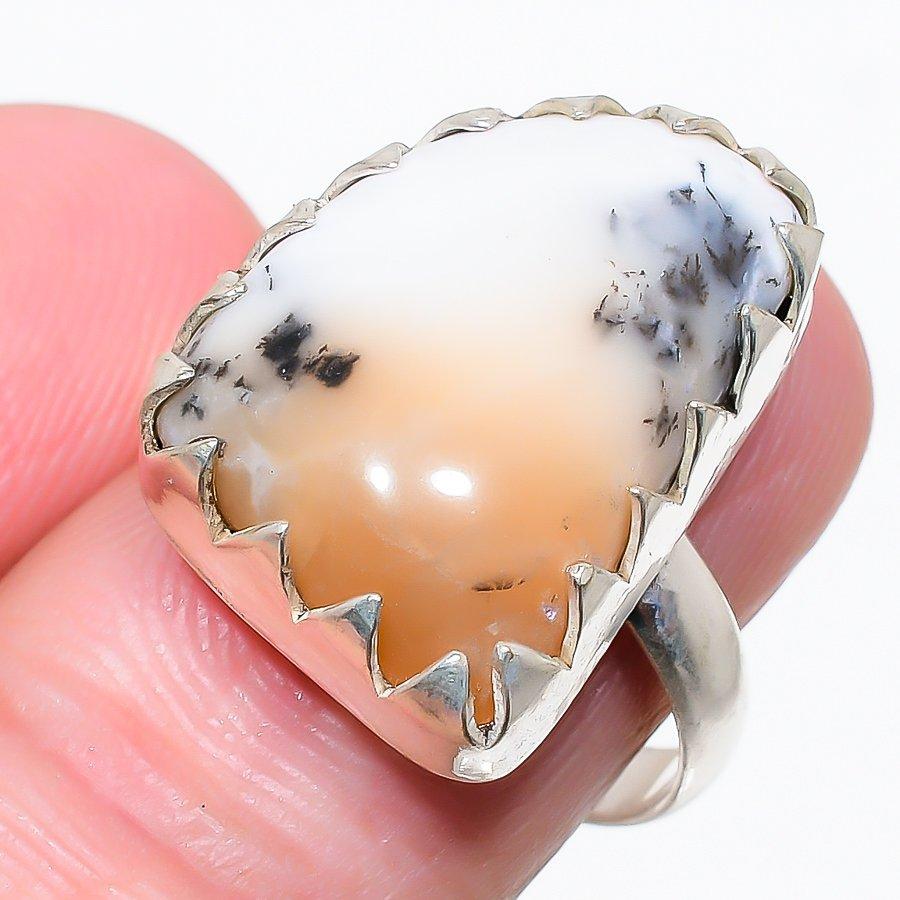 Pierre Gemme Opale Dendritique Argent Sterling 925 Bijou Bague Taille 8.5 t0O46
