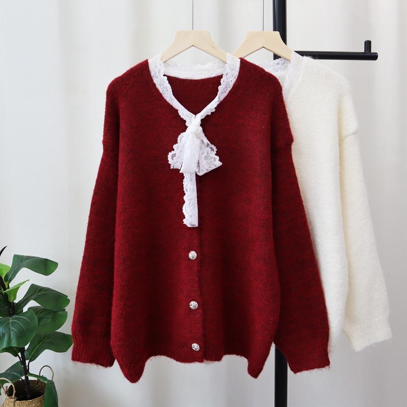 Autumn and Winter New Loose Splicing Lace Knitted Cardigan Soft Waxy Sweet Gentle Wind Sweater Jacket Women