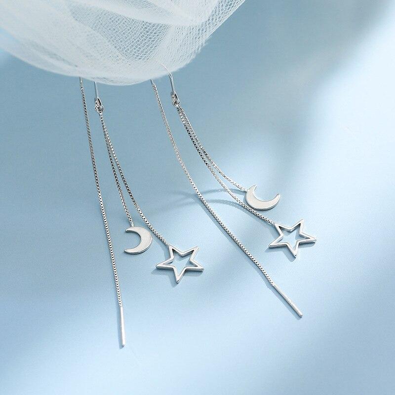 925 Sterling Silver Long Star Moon Korean Drop Earrings For Women Wedding Party Jewelry Eh1351