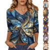 Women's Tops Three-quarter Sleeve Shirt V-neck Loose Casual Shirt Floral Print T-shirt