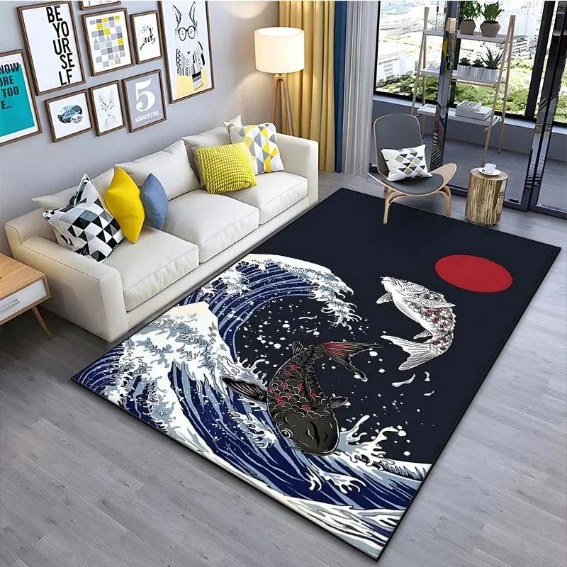 1 STKS Japanse Kunst Kanagawa Golven Tapijt voor Woonkamer Huisdecoratie Groot Vloerkleed Slaapkamer Vloertapijt Antislip Makkelijk Wasbare Mat