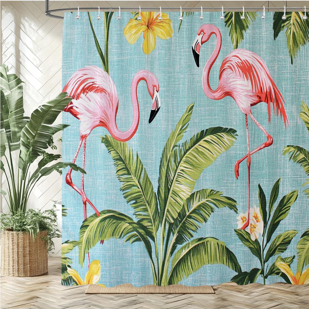 Nordic Plant Flamingo Style Fabric Shower Curtain Bathroom Curtain,Flowers And Birds Style Home Decoration Curtain With Hooks
