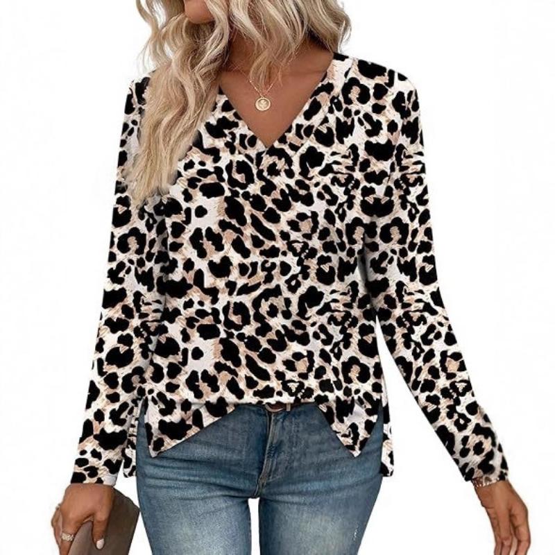 Spring and Autumn Women's Clothes European and American Slit V-neck Long Sleeve T-shirt Fashion Leopard Print Loose Top