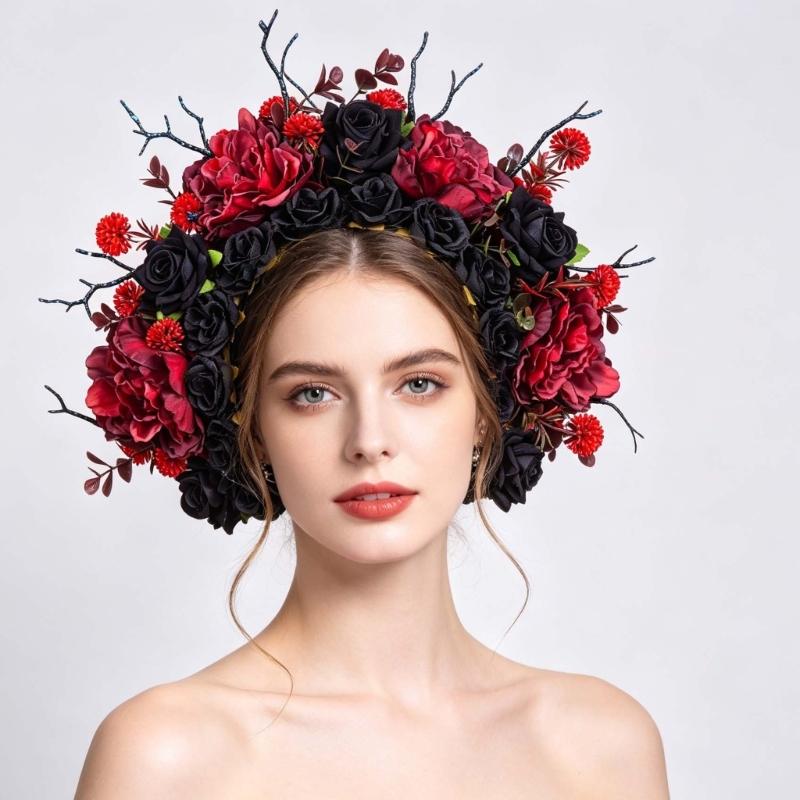 Baroque Style Floral Headband With Cloth Fabric Roses For Women Gothic Wedding Hair Accessories Dark Black Red