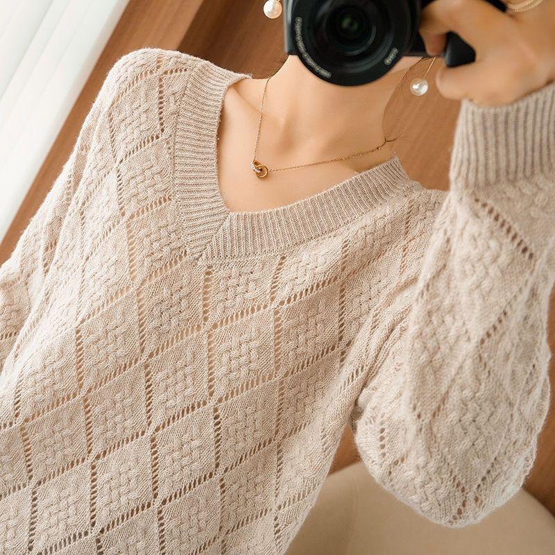 V-neck Knitted Sweater with Versatile Hollow Out and Loose Diamond Shape Women's Base Sweater for Autumn and Winter