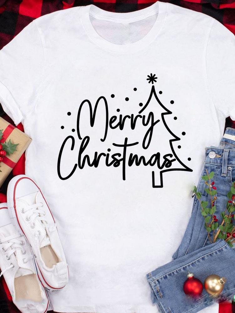 (Asian Size) Tee Top festival  Merry Christmas New Year Holiday Casual plaid trend faith Women Print Lady Short Sleeve Fashion Graphic T-shirts