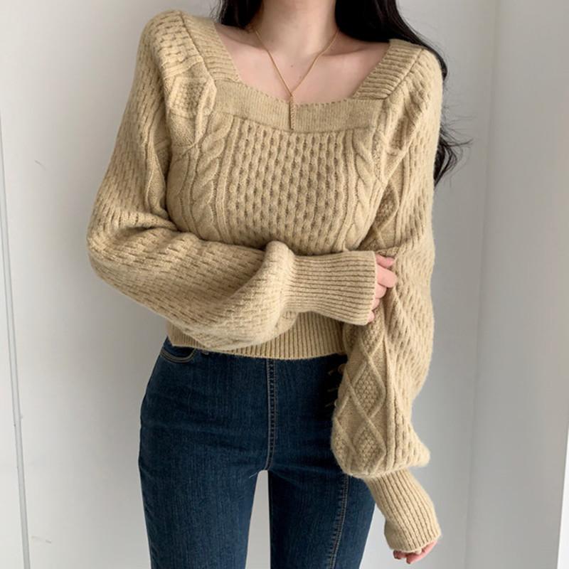 French Square Collar Twist Ladies Sweater, Loose and Thin Ladies Long-sleeved Pullover Bottoming Shirt Elegant6626#