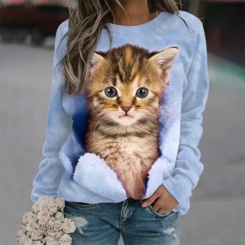 Tricou de damă pisică Kawaii 3D imprimeu tricouri casual cu mânecă lungă Pulover Harajuku supradimensionat Îmbrăcăminte Bluză de zi cu zi Topuri largi pentru femei