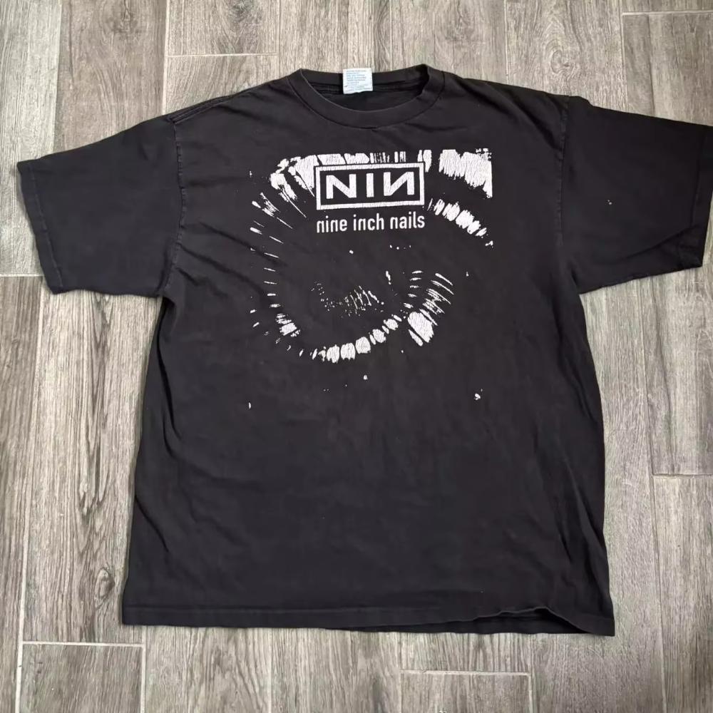 Camiseta Estampada Unisex de Manga Corta Negra de la Banda Nine Inch Nails Vtg de los 90 para Hombre Mujer Camiseta de Algodón Manga Corta Hombre Mujer Verano