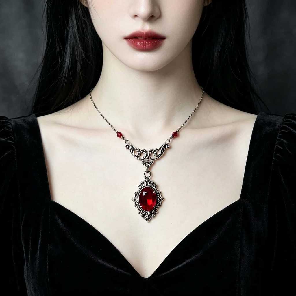 Victorian Gothic Necklace With Deep Red Glass Gem And Cross Chain For Women