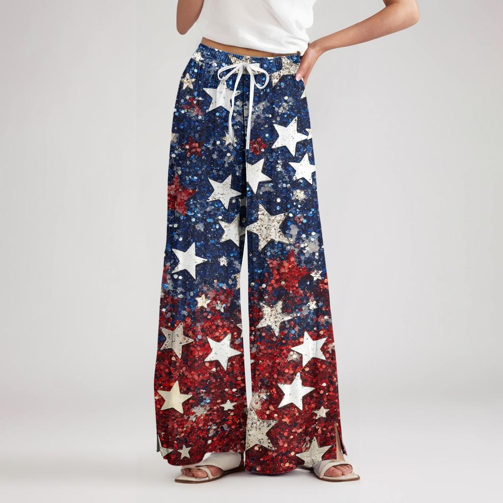 Women’s Loose Fit Casual Wide Leg Pants with Elastic Waist Drawstring and Printed Design Long Trousers with Pockets for Everyday Wear