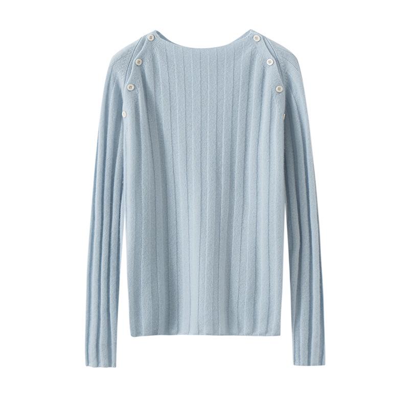 Women's Round Neck Cashmere Ribbed Slim-Fit Sweater, Long-Sleeve Winter Knit Top