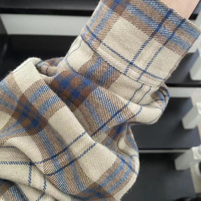 Frühling und Herbst Polokragen Damenhemd Lose lässige karierte Blusas Übergroße Strickjacke Damen Korean Edition Bluse