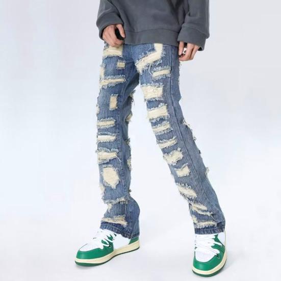 Men Jeans Distressed Washed Vintage Denim Pants with 4 Deep Pockets High Street Style Straight-Leg Denim