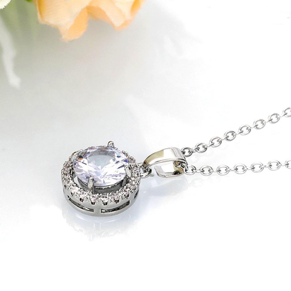 Round Center Stone Micro Pave Halo Pendant Women Cable Link Chain Clavicle Necklace