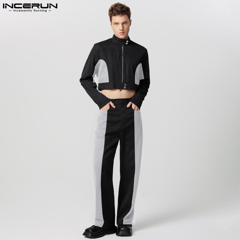 INCERUN Two Pieces Sets Men Short Sleeve Crop Tops and Long Casual Pants Cargo Sets