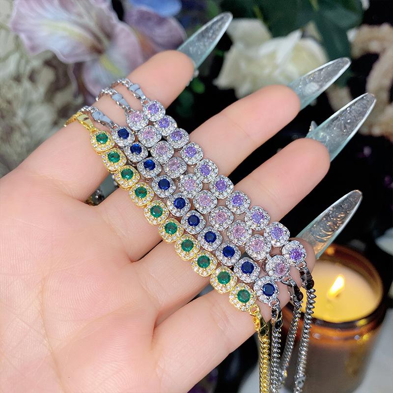 High Quality Luxury Bridal Wedding Cuban Chain Bling Multi Color Cubic Zircon Crystal Tennis Bracelet for Women Jewelry