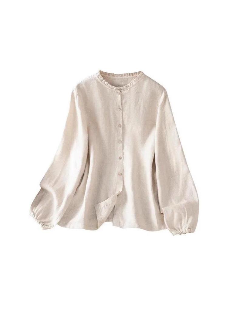 Women's Cotton Linen Ruffled Stand Collar Long Sleeve Retro Cardigan Shirt - Simple, Artistic Style