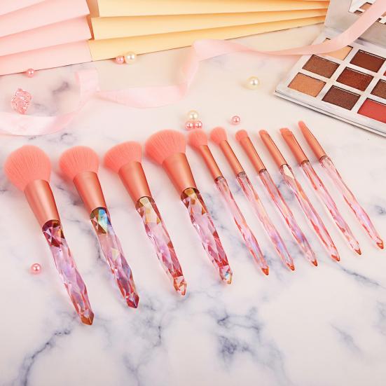 10Pcs/Set Makeup Brush with Faux Crystal Handle Portable Multifunction Foundation Loose Powder Blush Eye Shadow Brow Lip Cosmetic Brush Kit