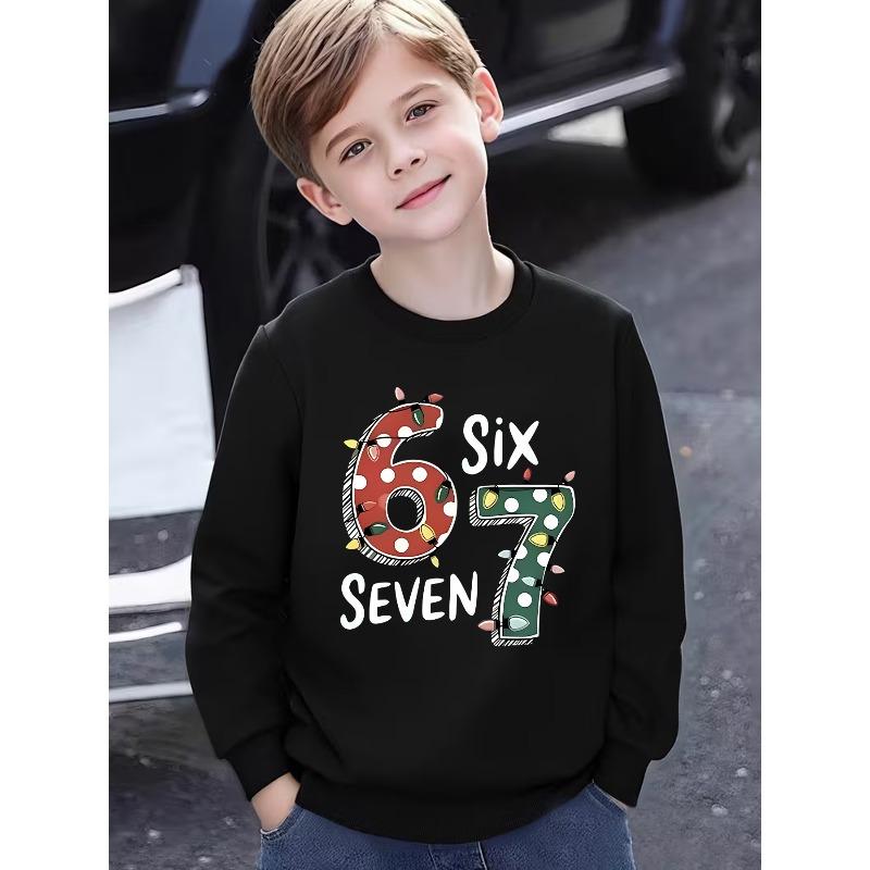 European sizes Kids' Comfortable and Soft Fabric Creative Light Strip Letter Christmas Number Fashion Pattern Print Kids' Crew Neck Sweatshirt