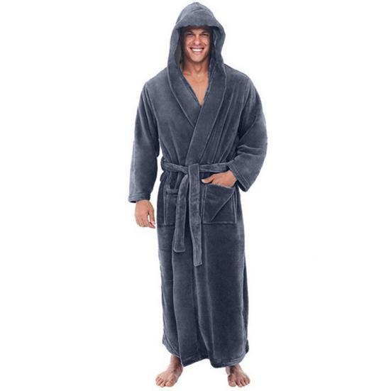 Men Hooded Bathrobe with Adjustable Belt Super Soft Fluffy Highly Absorbent Solid Color Pocket Design Male Bathrobe