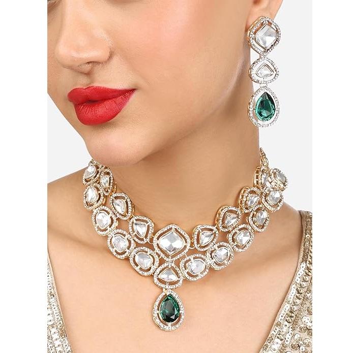 Green Stones Dazzling Austrian Diamonds Bling Necklace & Earring Set For Women
