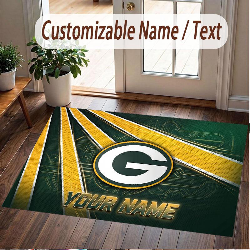 Custom Rug Green Bay Packers Pattern Print Name Text Soft Non‑Slip Floor Carpet for Home Indoor Decoration