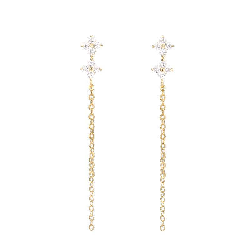 Banyan Tree S925 Silver Four-Leaf Clover Diamond Tassel Earrings - Women's Elegant Flower Design
