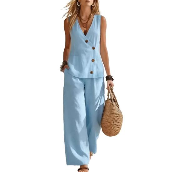 Women's Summer Sleeveless 2 Piece Outfits Button Down Tank Top And Wide Leg Pants Casual Loungewear Matching Sets