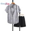 Men's Rice Green Striped Men's Short Sleeve Shirt Shorts Two-piece Men's Shirt Summer 2025 New