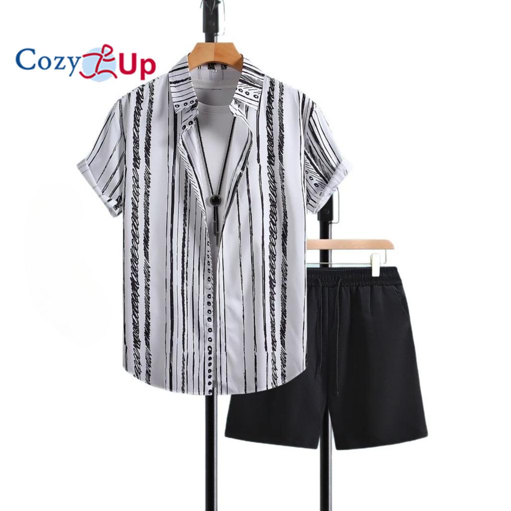 Men's Rice Green Striped Men's Short Sleeve Shirt Shorts Two-piece Men's Shirt Summer 2025 New