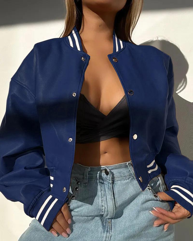 European & American Women's Fall/Winter 2024 PU Leather Motorcycle Jacket with Long Sleeves.
