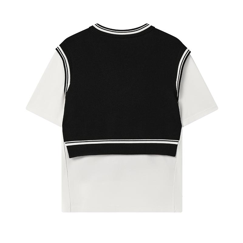 FILA White Fashion Retro Simple Casual Daily Comfortable Trendy Fake Two-Piece Knitted Short Sleeve T-Shirt Women Tops F11W533102FBK