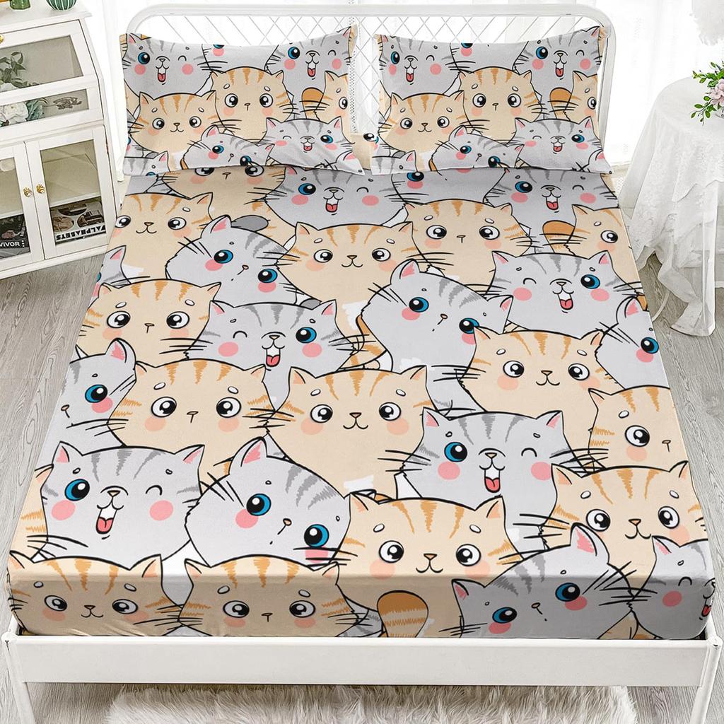 Animal Cat Pattern Mattress Three-Piece Digital Printing Mattress Bedding Set Adult Children