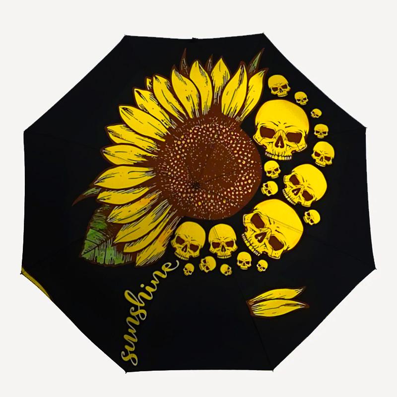 1pc Sunflower Skulls Automatic Folding Umbrella - Compact 8-Rib Design, Durable Plastic & Iron, Lightweight for Outdoor Daily Use, Festive Gift