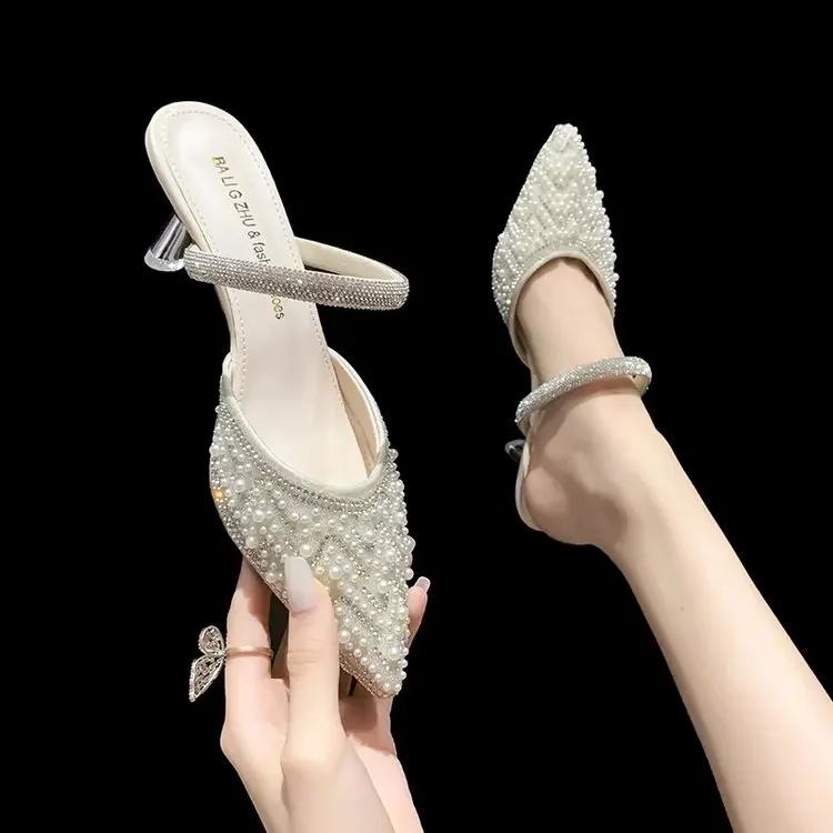 Fashion 2024 Summer New Fashion Rhinestone Pointy Women's Mid-heel Slippers Thin Heels Pointy with Pearl Lightweight High-end